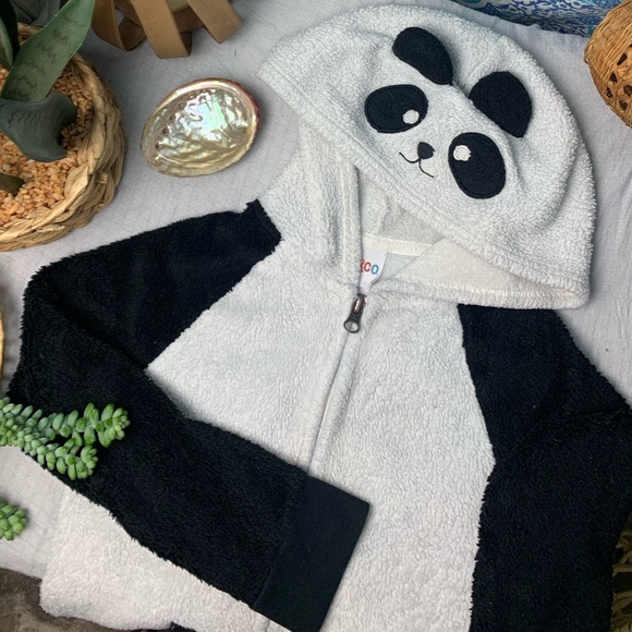 Circo Girls White and Black Teddy Fleece Sherpa Zip Up Hoodie with Animal Ears - Picture 2 of 3